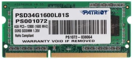 Patriot Memory for Ultrabook 4GB DDR3 SO-DIMM PC3-12800 (PSD34G1600L81S)