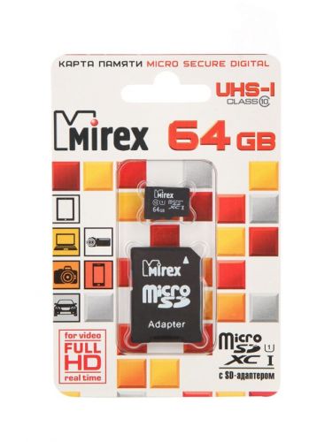Карта памяти Mirex microSDXC Class 10 UHS-I U1 64GB + SD adapter