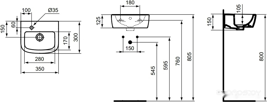 Умывальник Ideal Standard Tempo 35x30 [T056801], фото 3