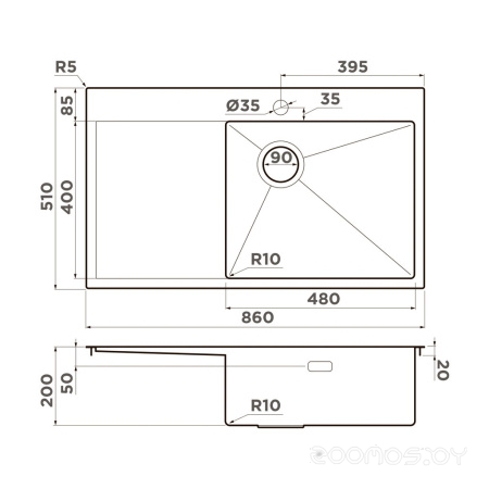 Кухонная мойка Omoikiri Akisame 86-LG-R Side 4997046 (светлое золото), фото 2