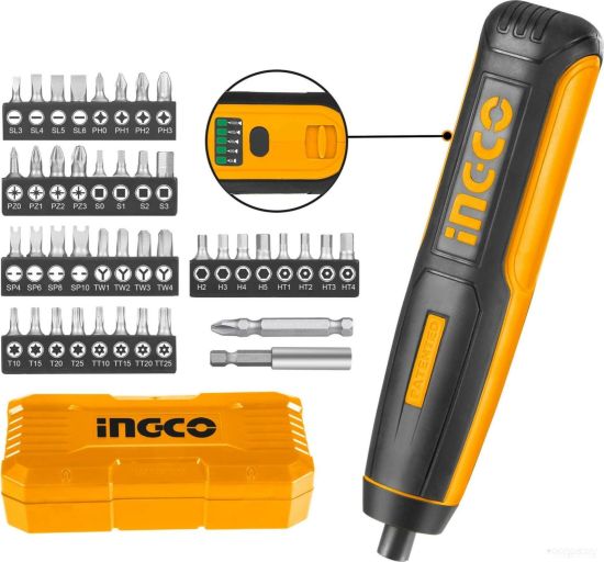 Электроотвертка Ingco Industrial CSDLI0403 (с АКБ, набор оснастки)