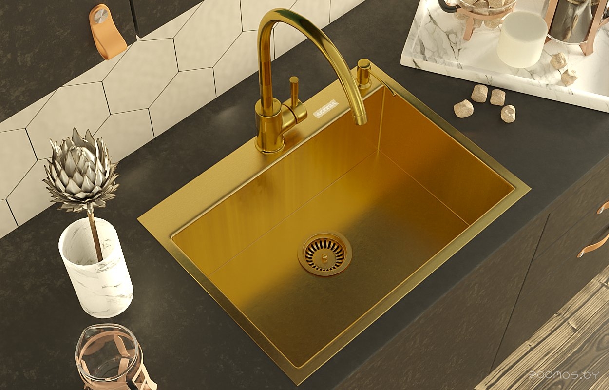 Кухонная мойка ARFEKA ECO AR 600*450 + AF SD-03SS304 + ZP DS GOLDEN PVD NANO, фото 2