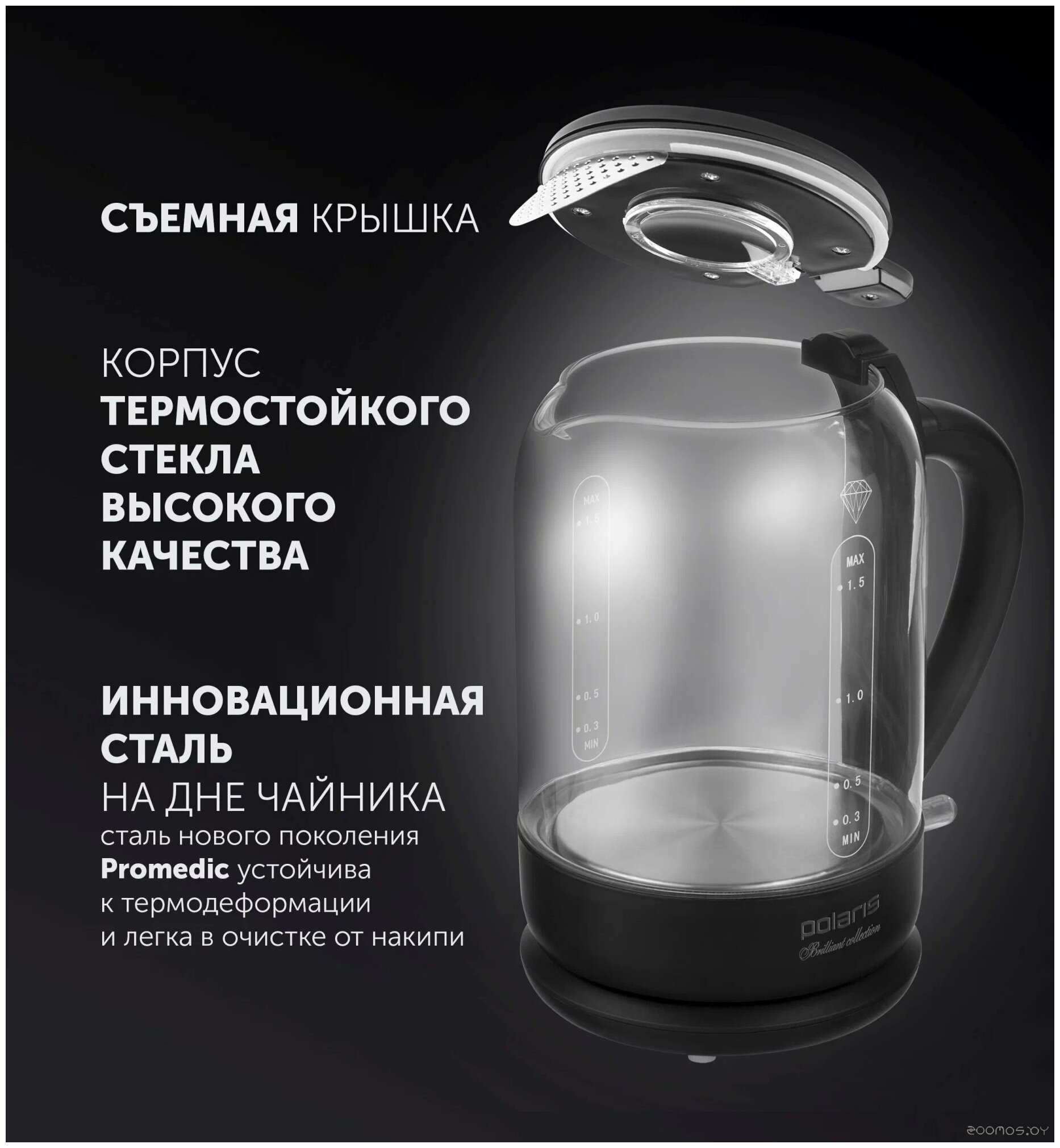 Электрический чайник Polaris PWK 1753CGL (черный/белый), фото 2