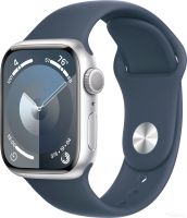 Умные часы Apple Watch Series 9 41 мм (алюминиевый корпус, серебристый/грозовой синий, спортивный силиконовый ремешок M/L)