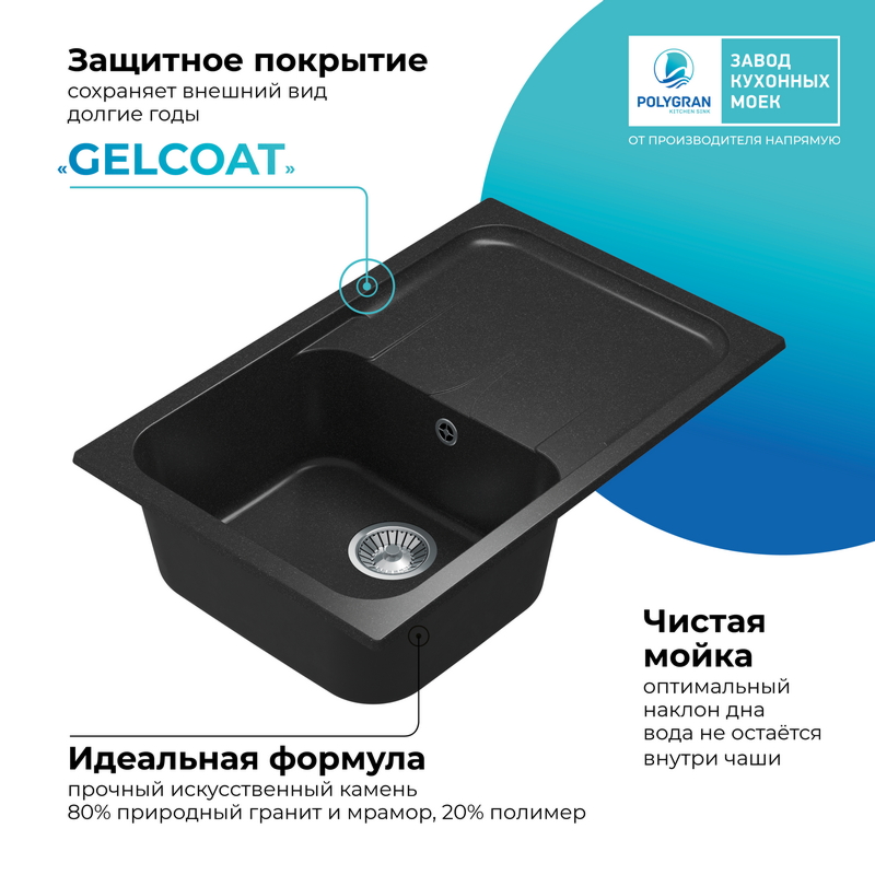 Кухонная мойка POLYGRAN ALTO 780 черный №16, фото 7