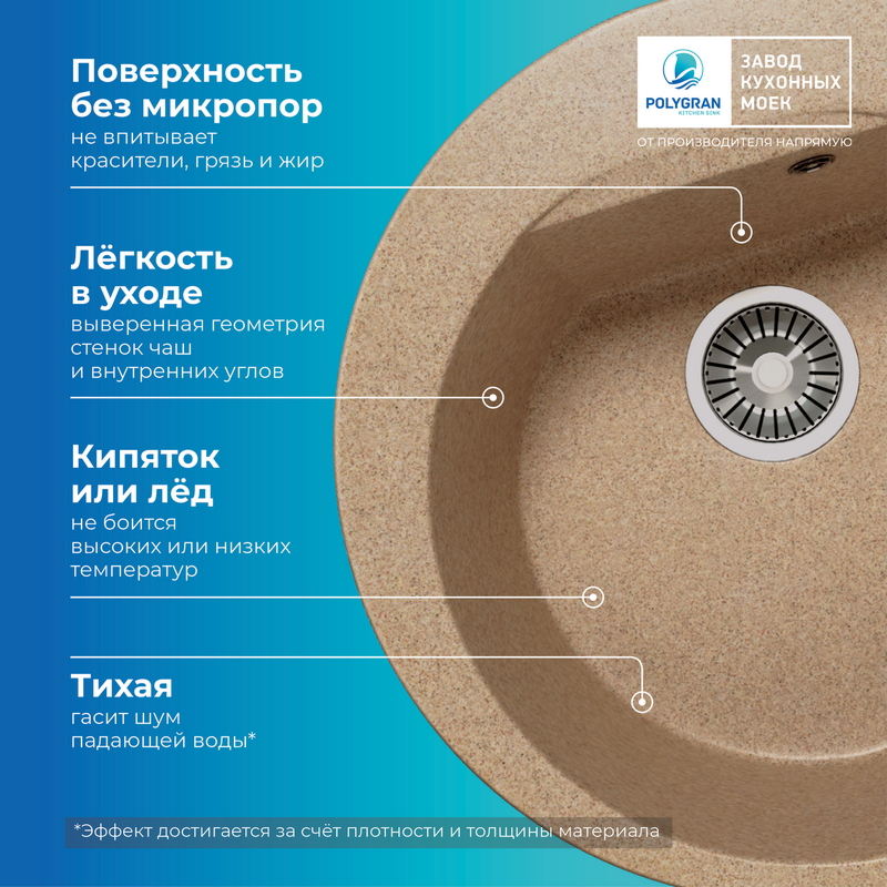 Кухонная мойка POLYGRAN ATOL 520 песочный №302, фото 8