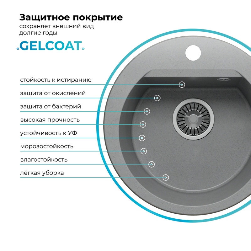 Кухонная мойка POLYGRAN ATOL 460 серый №14, фото 6