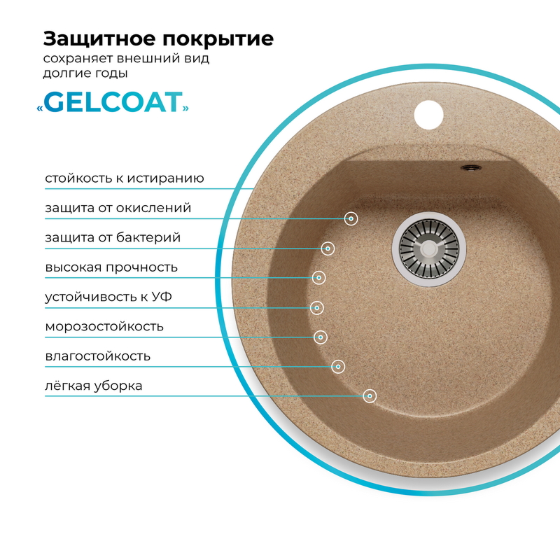 Кухонная мойка POLYGRAN ATOL 520 песочный №302, фото 6