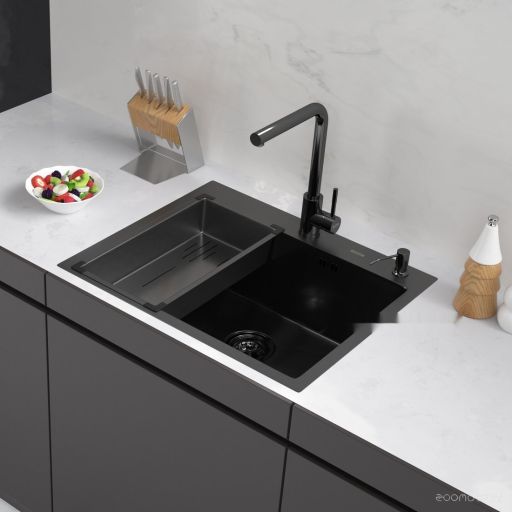 Кухонная мойка ARFEKA Eco AR мойка 600*500, коландер G, дозатор Black Decor Volcanic