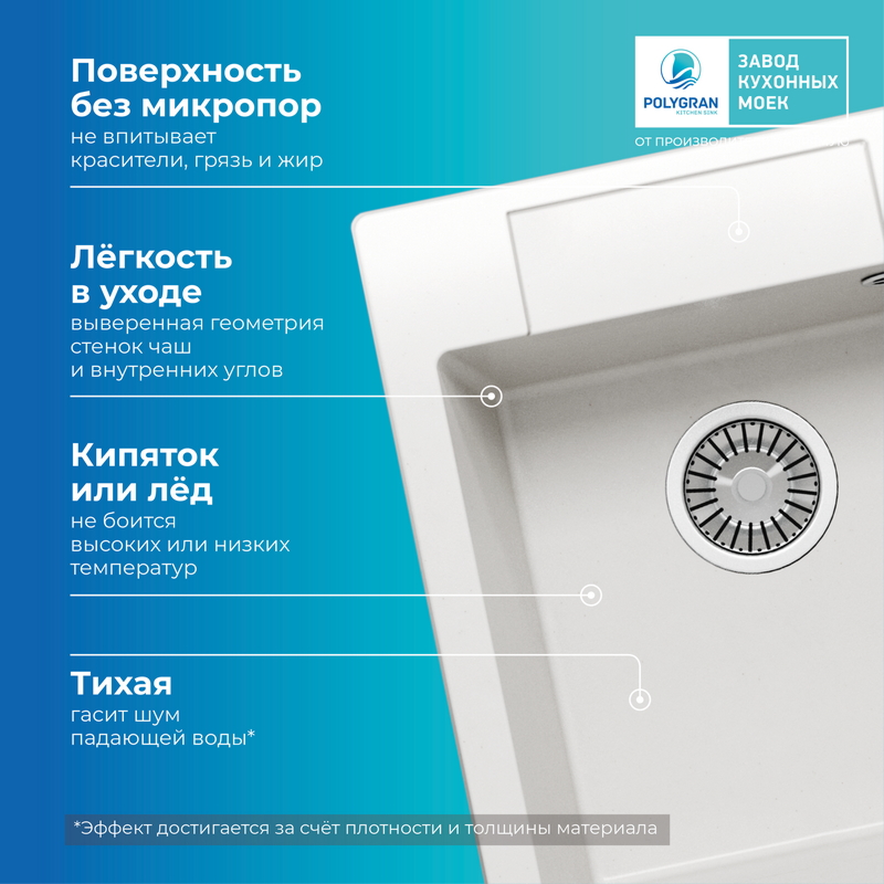 Кухонная мойка POLYGRAN ARGO 420 белый хлопок №36, фото 8