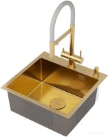 Кухонная мойка Roxen Simple 560220-50G-V золото/текстурная PVD покрытие (с коландером и дозатором)