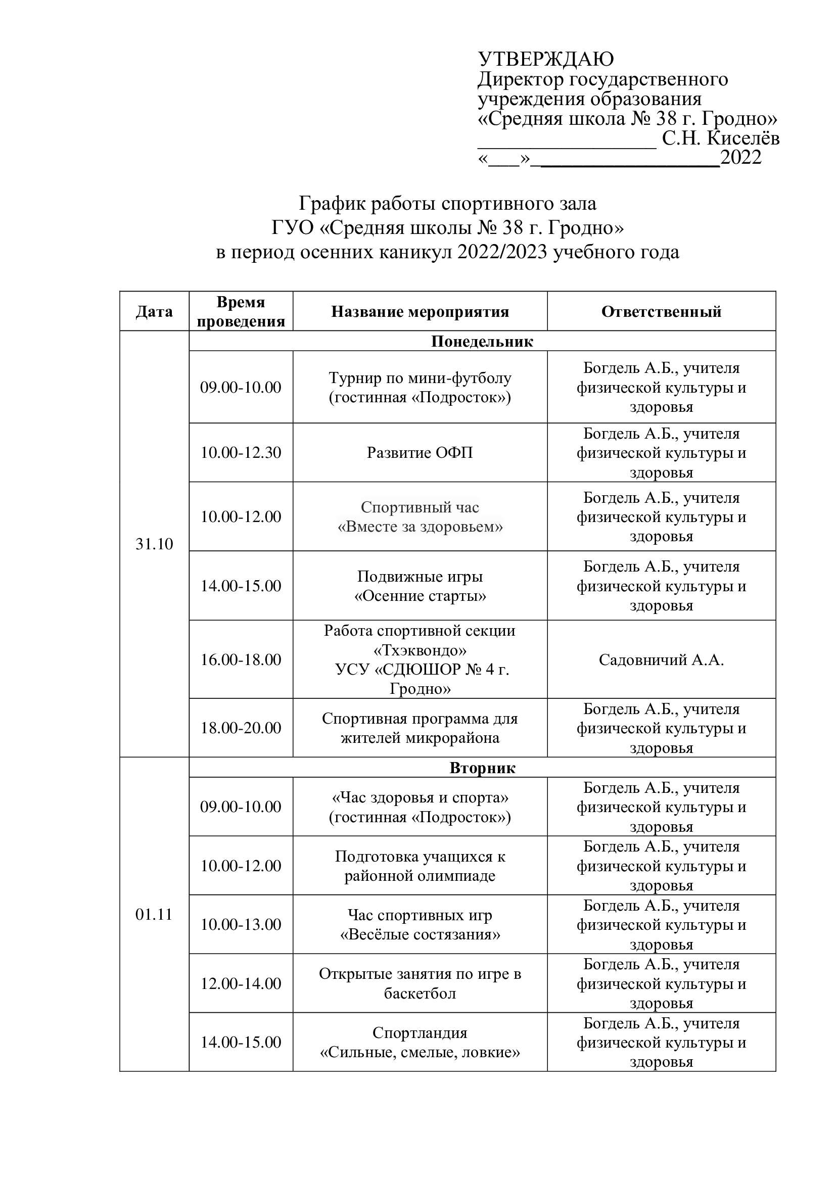 План работы спортивного зала в каникулярный период. Средняя школа № 38 им.  К. Туровского г. Гродно