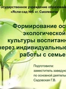 Формирование основ  экологической культуры воспитанников через индивидуальные формы работы с семьёй