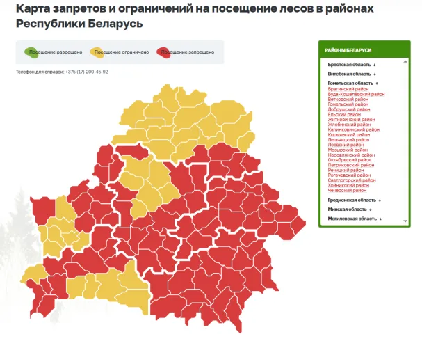 Карта запретов и ограничений на посещение лесов в Гомельской области