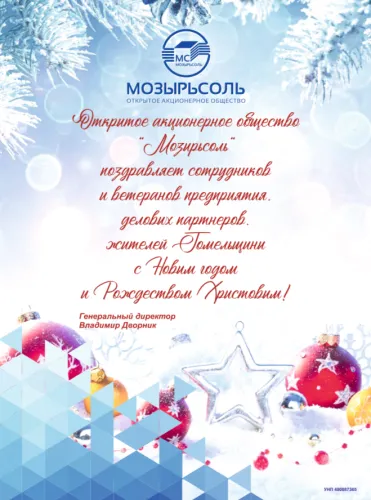 ОАО «Мозырьсоль» поздравляет сотрудников и ветеранов предприятия, деловых партнеров, жителей Гомельщины с Новым годом и Рождеством Христовым! 