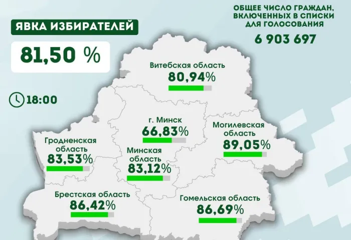 По данным на 18.00 явка избирателей на выборах Президента Беларуси в Гомельской области составила 86,69%