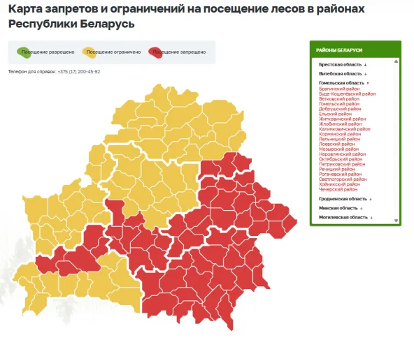 Карта запретов и ограничений на посещение лесов в Гомельской области