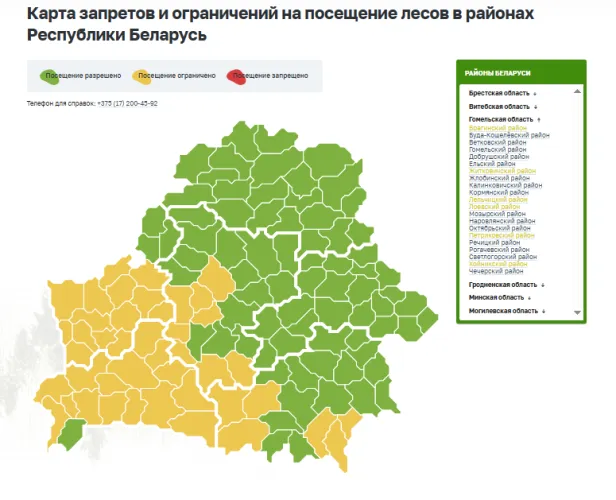 Карта запретов и ограничений на посещение лесов в Гомельской области