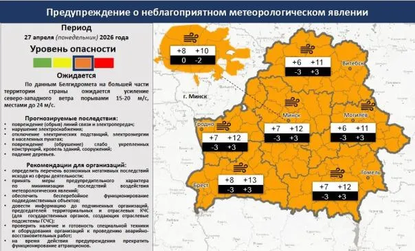 В Гомельской области объявлено штормовое предупреждение: порывы ветра до 24 м/с и ночные заморозки
