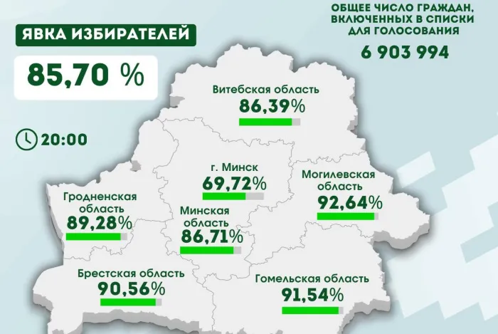 Явка граждан на выборах Президента Беларуси составила 85,70 %. В Гомельской области – 91,54 %