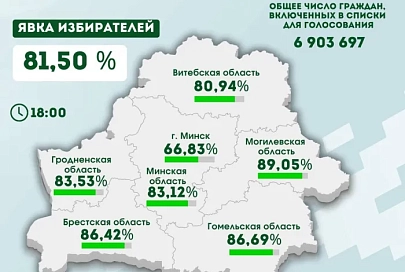 По данным на 18.00 явка избирателей на выборах Президента Беларуси в Гомельской области составила 86,69%
