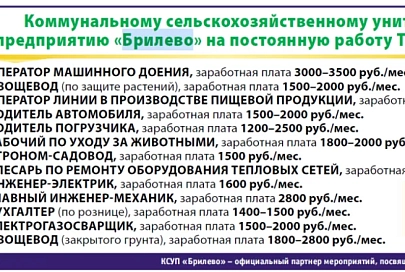 Коммунальному сельскохозяйственному унитарному предприятию «Брилево» на постоянную работу требуются сотрудники